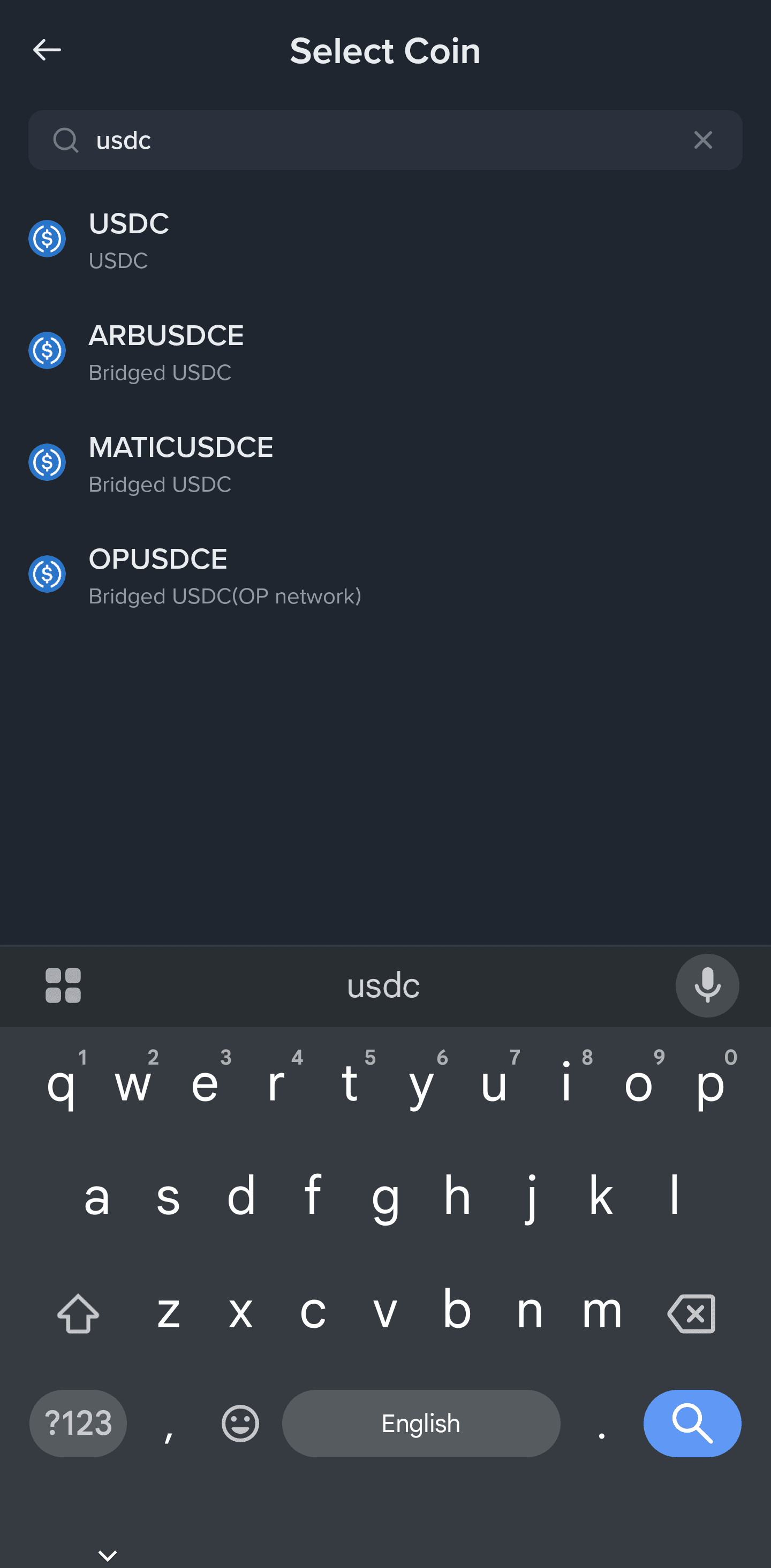 Binance coin selection screen showing USDC in search results.