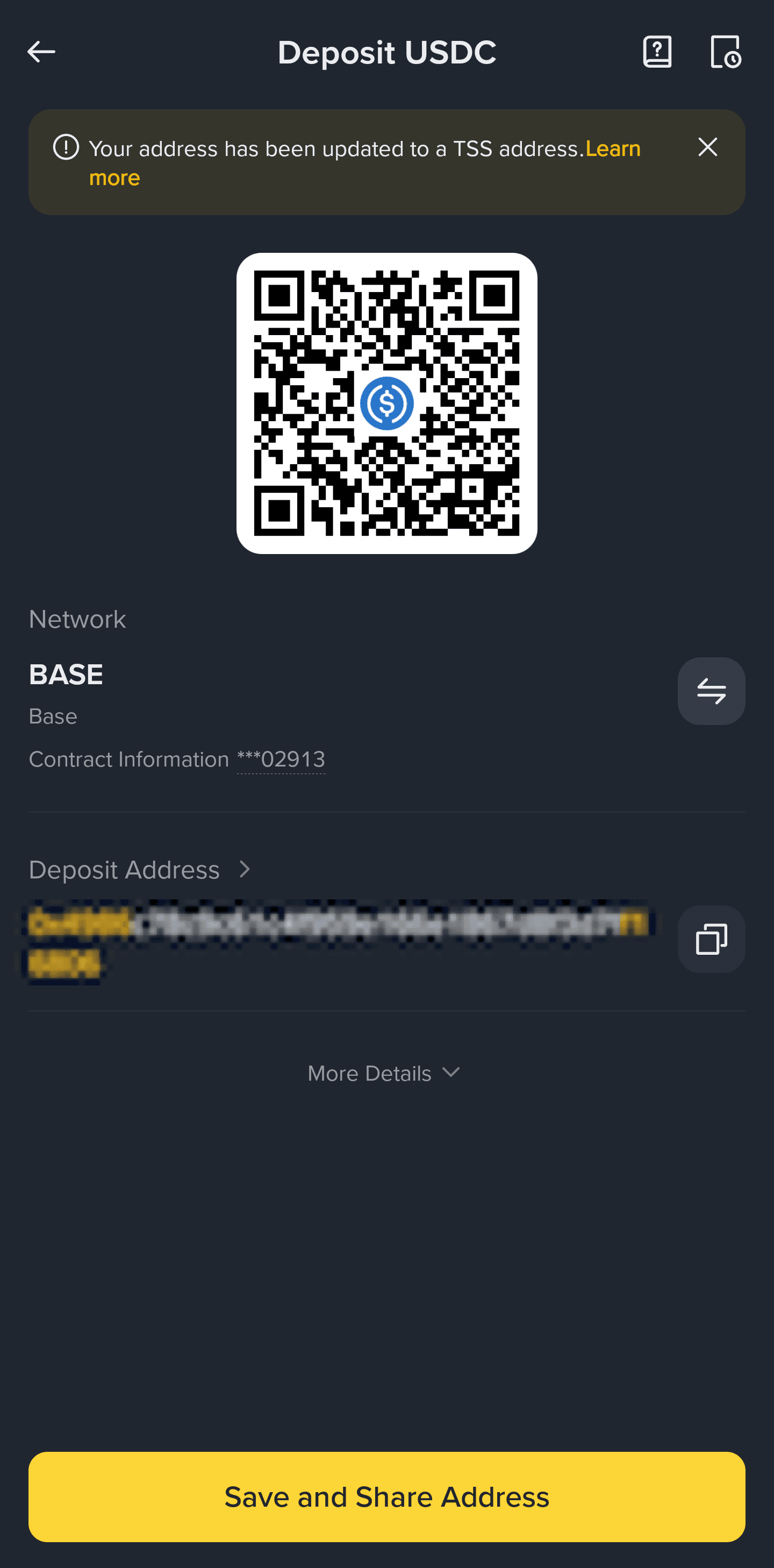 Binance deposit screen showing a USDC deposit address on the Base network.